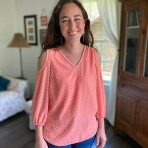 Kaari Blue Peach Chiffon Cold Shoulder Top, Size S